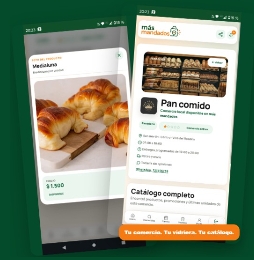 Pantallas de más mandados mostrando la vidriera digital de un comercio y el detalle de un producto